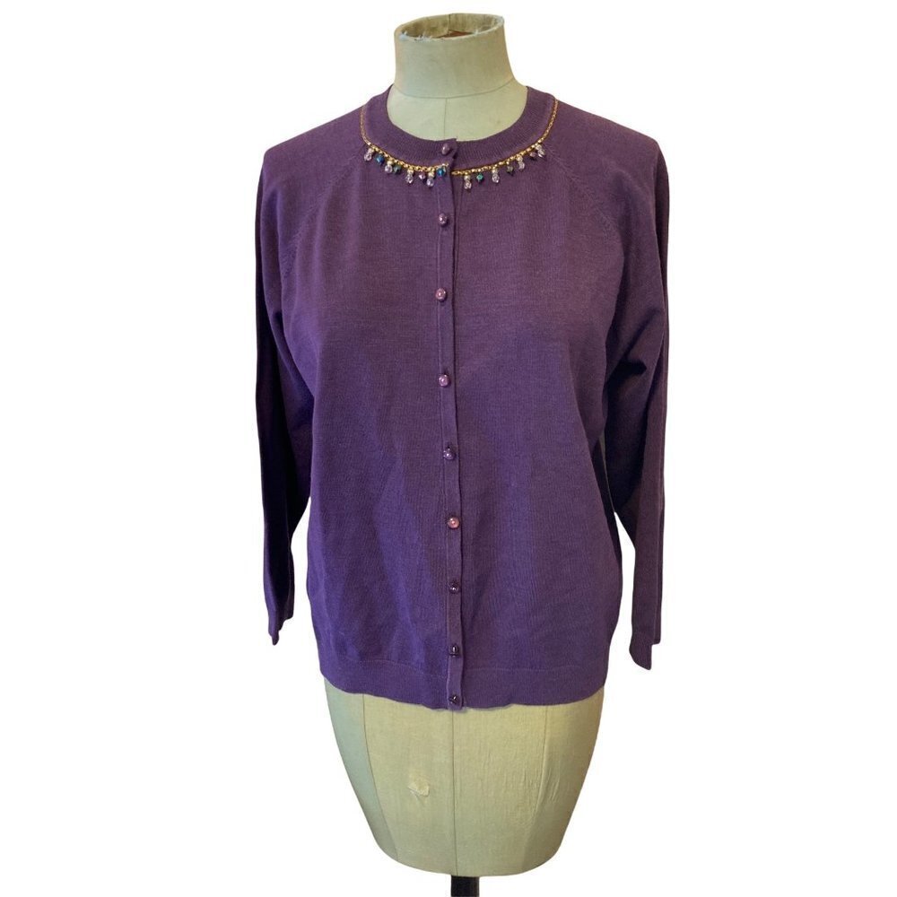 Judith Hart Collection Women's Large Purple Cardigan Jewel Collar Silk Blend